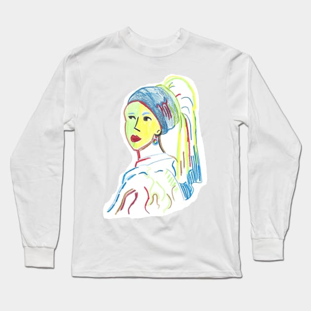 Girl with the pearl earring - Colorful pencil drawing Long Sleeve T-Shirt by Le petit fennec